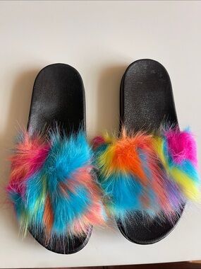Rainbow Faux Fur Slide Sandals - Black Base